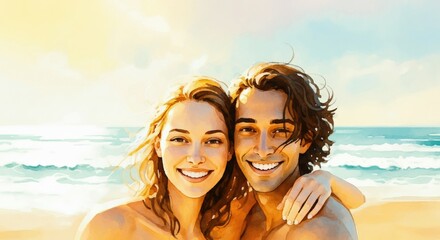 Fototapeta premium Happy couple smiling together on a beach during sunset
