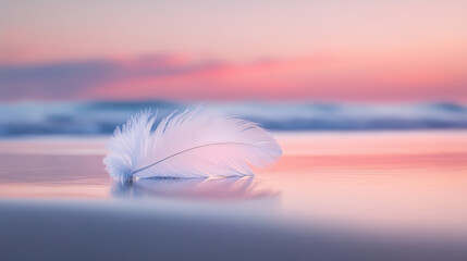 A peaceful shoreline under soft twilight, a large feather partially buried in the sand, fluttering slightly in the breeze