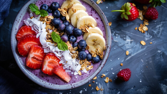 A vibrant acai bowl brimming with toppings like crunchy granola, fresh banana slices, coconut flakes, and assorted berries for a nutritious breakfast