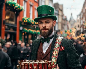 Fototapeta premium Stylish man in green hat and suit playing accordion during festive street celebration