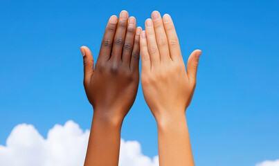 Two Diverse Hands Reaching Towards a Bright Blue Sky Symbolizing Unity, Hope, and Connection Across Different Cultures and Backgrounds