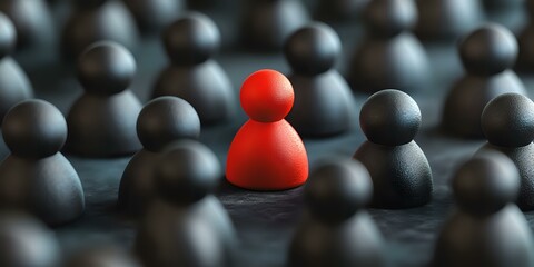 Red figure stands out among black figures, symbolizing uniqueness, leadership and individuality in business crowd. Conceptual representation of distinction and success.