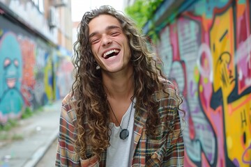 Naklejka premium A joyful young man with long curly hair laughing in a vibrant street filled with colorful graffiti. Curly Urban Vibe, Bold Style