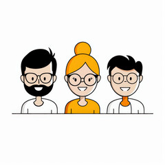 Cheerful team of three diverse characters with glasses, smiling and posing together in a minimalist style, ideal for modern illustrations and graphics