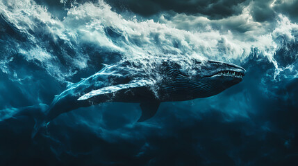 Fototapeta premium Terrifying sea leviathan rising from turbulent ocean depths for horror movie posters and thrilling book cover artwork. Stormborn Leviathans. Illustration