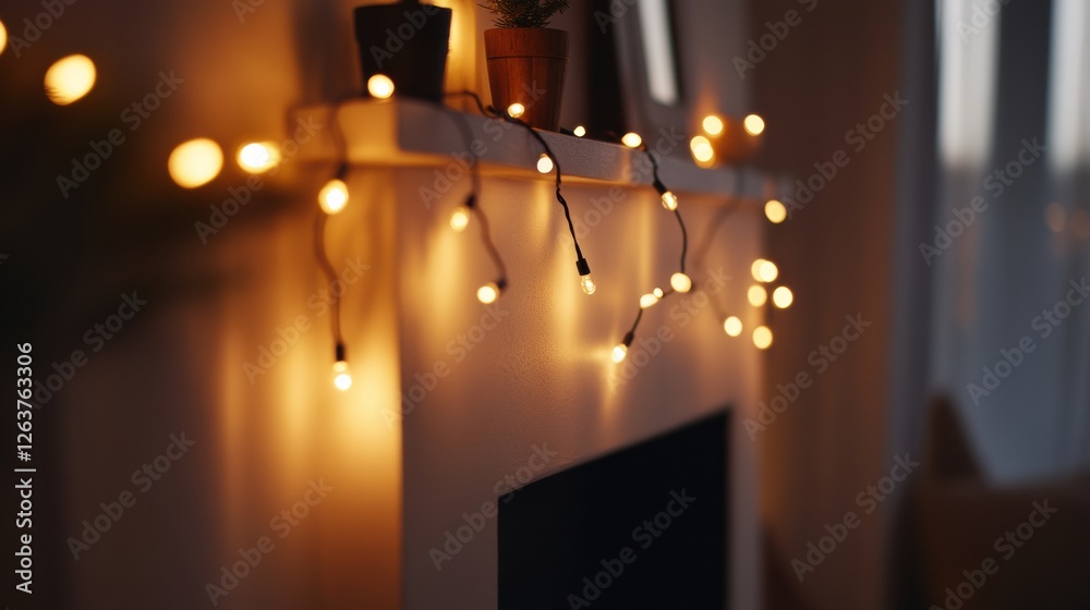 Poster warm string lights create a cozy atmosphere in a softly lit living room during the evening hours. ge