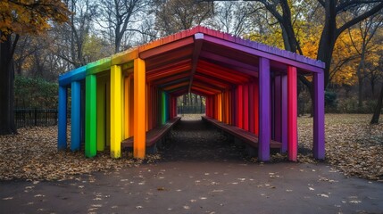 A rainbow bridge is painted on the ground in a park