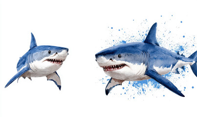 Obraz premium Vibrant Illustration of Two Sharks Swimming with Dynamic Splash Effects on a White Background for Creative Projects and Marine Life Themes