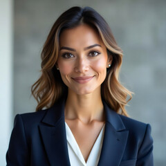 Warm and Engaging Brunette Businesswoman with a Gentle Smile in Professional Attire  Yt76Zn