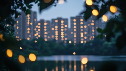 Fototapeta premium Evening Cityscape with Lake Reflection and Bokeh Lights