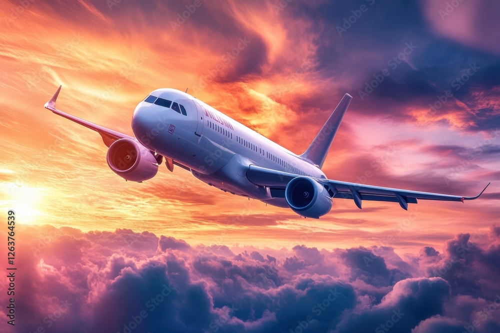 Poster plane soaring through colorful sunset clouds in the sky above the horizon. generative ai
