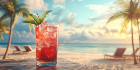 Refreshing cocktail on a wooden table with tropical beach and palm trees during sunset