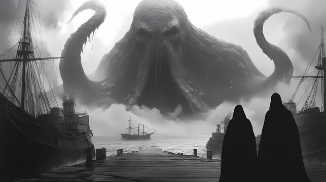 A colossal monstrous figure looms over ships at sea. two cloaked figures stand on a dock observing the ominous scene in a grayscale dreamscape. Stormborn Leviathans. Illustration