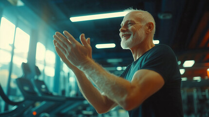 Encouraging sports training with a senior personal trainer clapping and smiling while motivating a client in a modern gym