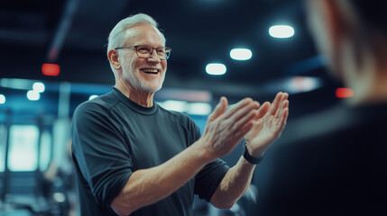 Encouraging sports training session with a senior personal trainer clapping and smiling while motivating a client in a gym_2