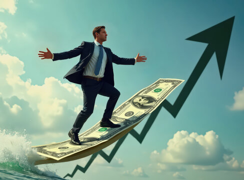 A dynamic image of a businessman surfing on a dollar bill, symbolizing growth, success, and financial prosperity, with an upward trending arrow