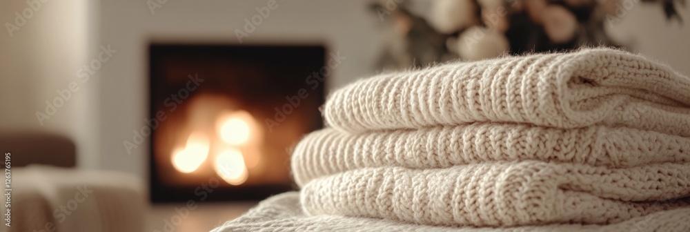 Poster cozy stack of knitted blankets near a warm fireplace in a inviting living room during autumn evening