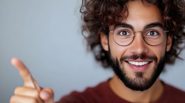 Young Middle Eastern man with curly hair and glasses showing thumbs up gesture, wearing burgundy sweater against gray background, expressing positive attitude and confidence.