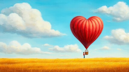 Fototapeta premium Heart-Shaped Hot Air Balloon Floating Above a Golden Field Under a Bright Blue Sky with Cotton Clouds