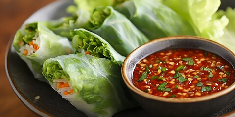 Crispy Spring Rolls Served with Sweet Chili Sauce on a Decorative Plate