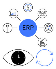 Fototapeta premium ERP at the center connects finance, HR, production, analytics, tools, and quality. Clock and arrows emphasize time management, process optimization. Ideal for business planning efficiency