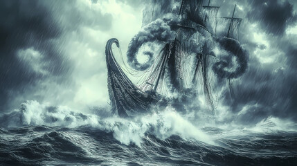 Fototapeta premium Giant apocalyptic sea monster in the middle of a storm at sea. Stormborn Leviathans. Illustration
