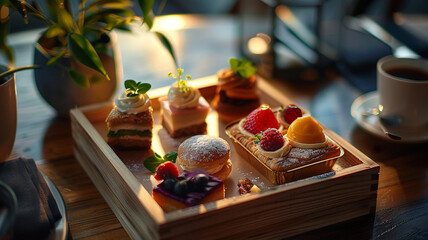 A curated dessert box featuring intricate vegan pastries, glowing softly, exemplifies the artistry and indulgence of premium food delivery.