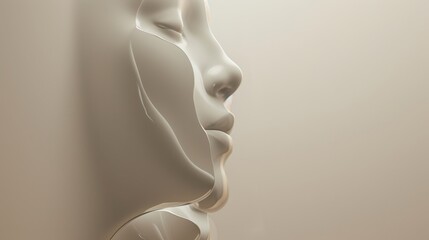 Abstract rendering of facial contours resembling a minimalist sculpture in soft, neutral tones. Smooth lines and serene aesthetics convey elegance. AI generated.