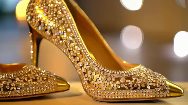 Beautifully Designed Elegant Gold Stiletto Heels Adorned with Rhinestones