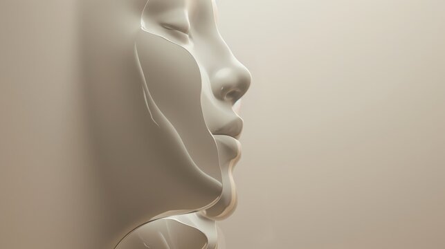 Abstract rendering of facial contours resembling a minimalist sculpture in soft, neutral tones. Smooth lines and serene aesthetics convey elegance. AI generated.