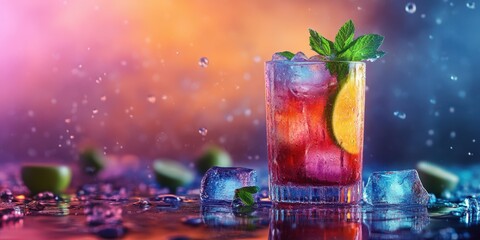 Refreshing cocktail with ice and mint on vibrant background during a summer evening