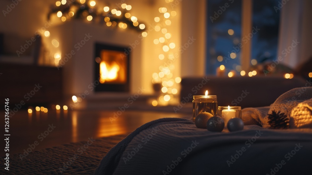 Poster cozy evening by the fireplace with warm lights and holiday decorations creating a tranquil atmospher