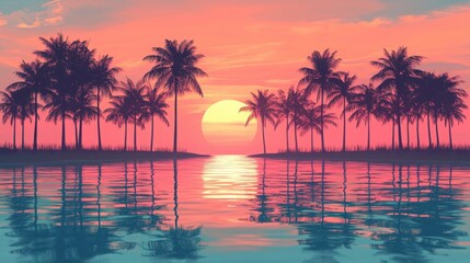 Sunset Reflections: A serene tropical scene with palm trees silhouetted against a vibrant, colorful sunset reflected on calm waters.