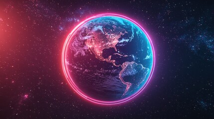 Fototapeta premium An illustration of our planet Earth, surrounded by a glowing halo, with continents visible, set against a star-filled space background.