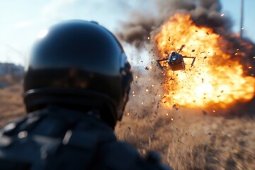 The image depicts a soldier observing a drone during an explosion, capturing the interplay of human focus and machine technology in a high-stakes combat situation.