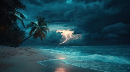 Dramatic scene of a tropical beach during a thunderstorm, with palm trees silhouetted against the stormy sky and lightning.