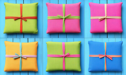 Colorful Cushions Wrapped with Ribbons on a Vibrant Blue Wooden Background Ideal for Home Decor and Lifestyle Inspiration