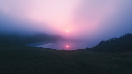 Fototapeta premium Misty Sunset Over a Serene Lake