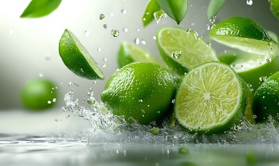 Fresh limes with water drops and splashes on light background, sliced citrus fruits with green leaves in dynamic composition for fresh beverage concept.