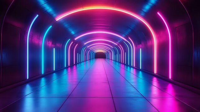 Futuristic tunnel corridor with glowing neon lights in pink and blue colors creating arch shapes, reflective floor surface creates symmetric perspective leading into darkness.