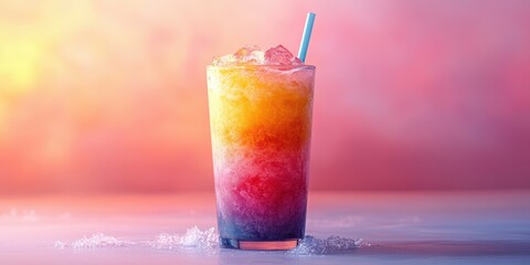Colorful layered drink served in a tall glass garnished with crushed ice and a straw at sunset