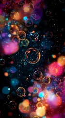 Magical soap bubbles floating in dark space with colorful bokeh lights creating dreamy atmosphere. Vibrant pink, blue and orange blurred background with glowing effects.
