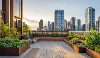 Urban Oasis: Rooftop Garden with City Skyline View
