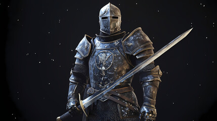 Naklejka premium Full body medieval knight in worn armor holding a sword. Nebula-Infused Armor. Illustration