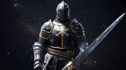 Fototapeta premium Full body medieval knight in worn armor holding a sword. Nebula-Infused Armor. Illustration