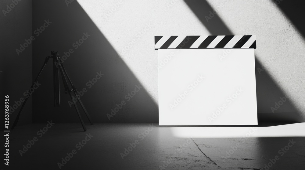 Leinwandbilder clapperboard and tripod in studio with dramatic lighting casting shadows on white wall. generative a