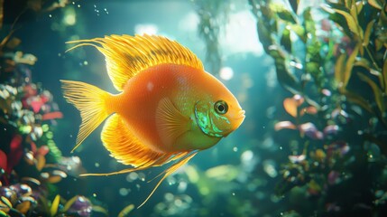 A vibrant, orange fish swims gracefully in a lush aquarium, its fins flowing amidst colorful aquatic plants. A serene underwater scene.