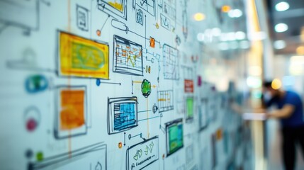A closeup of a whiteboard filled with diagrams illustrating cloud architecture security layers and interconnected APIs as a developer writes notes and highlights important features
