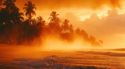 Fototapeta premium Tropical Beach at Sunset: Golden light bathes the coast, palm trees silhouetted against a warm, inviting sky. A serene paradise.