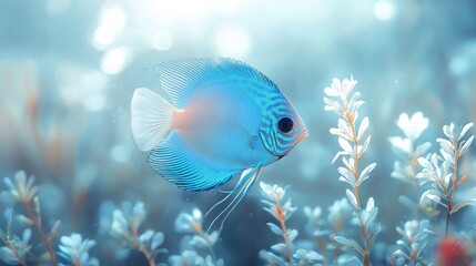 A vibrant blue discus fish gracefully swims through clear water amidst aquatic plants, creating a serene and peaceful underwater scene.
